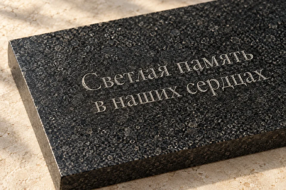 Концептуальный рендер углублённой надписи «Светлая память в наших сердцах» на полированном граните
