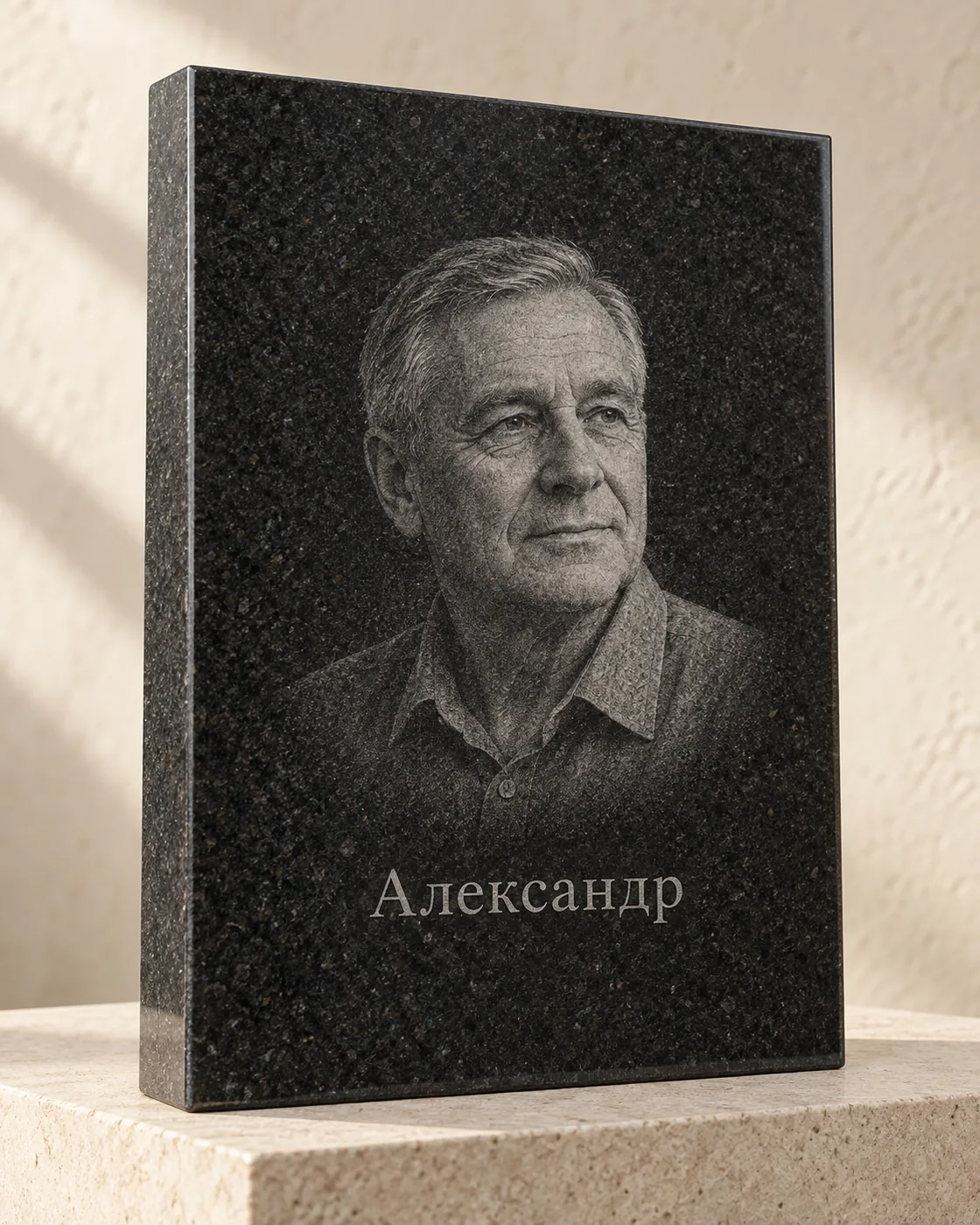 Концептуальный рендер тоновой гравировки вымышленного мужского портрета и имени на граните